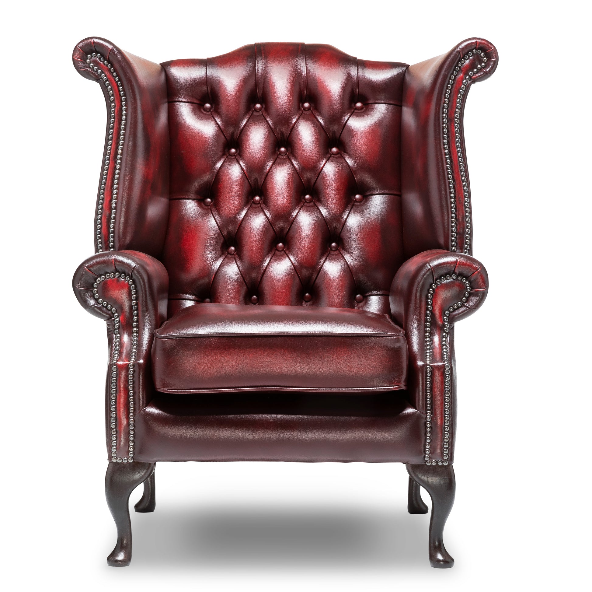 Queen Anne Chesterfield Armchair Antique Wine Leather