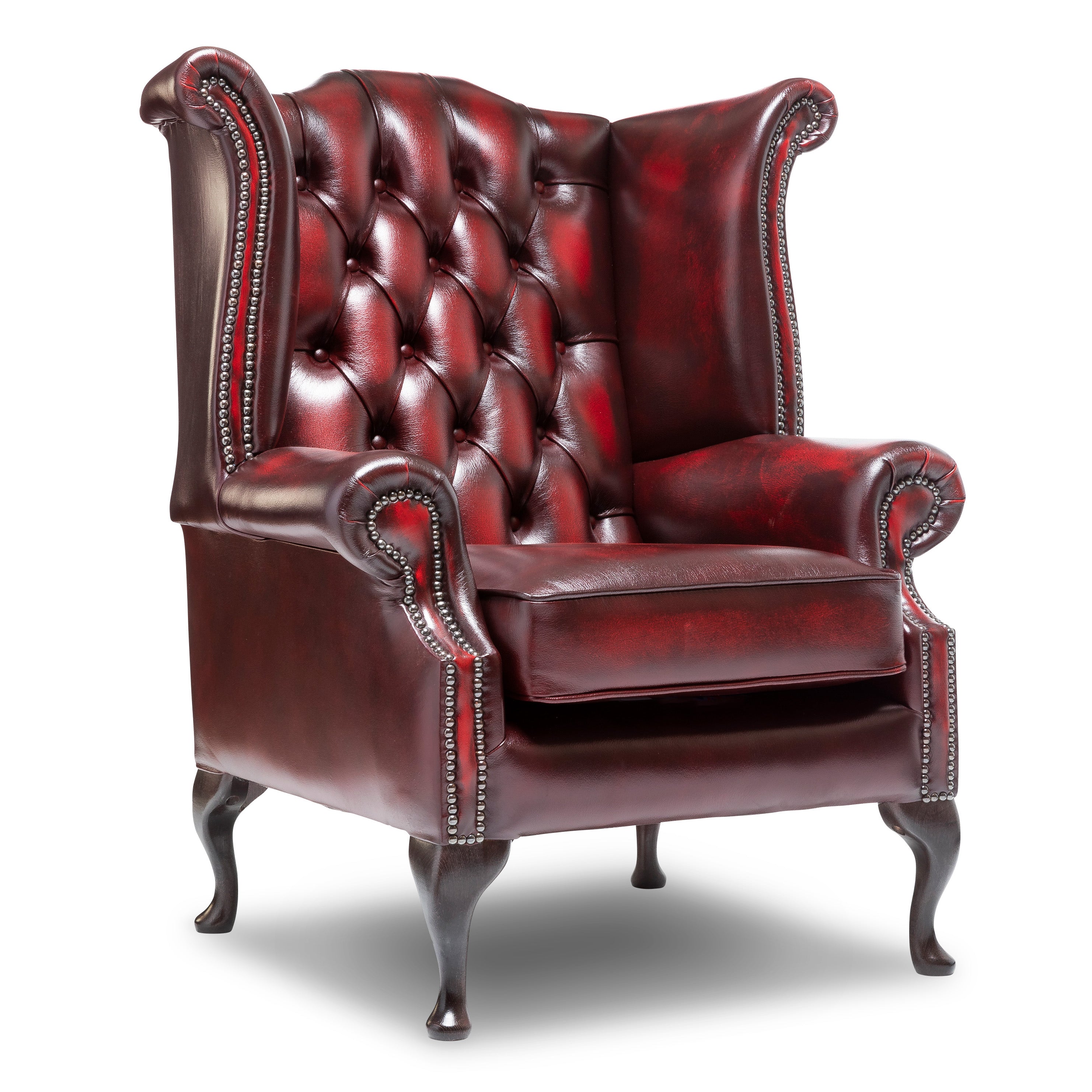 Queen Anne Chesterfield Armchair Antique Wine Leather