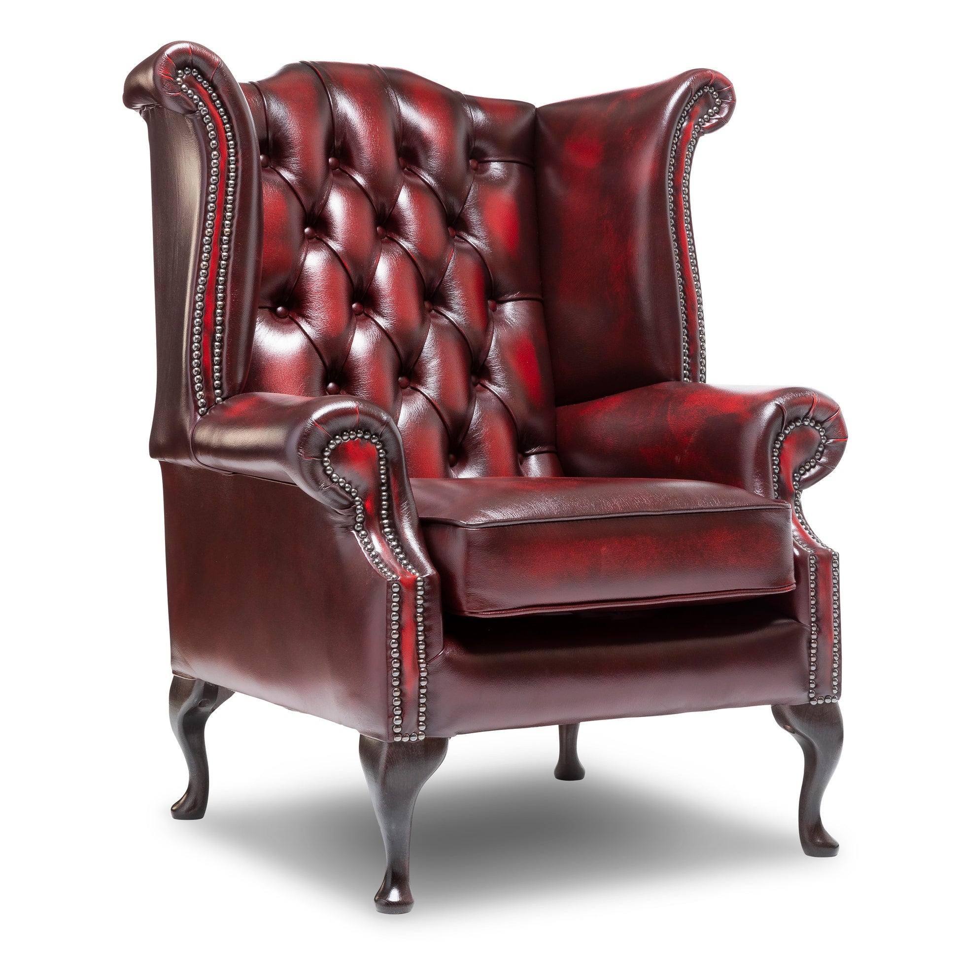 Queen Anne Chesterfield Armchair Antique Wine Leather