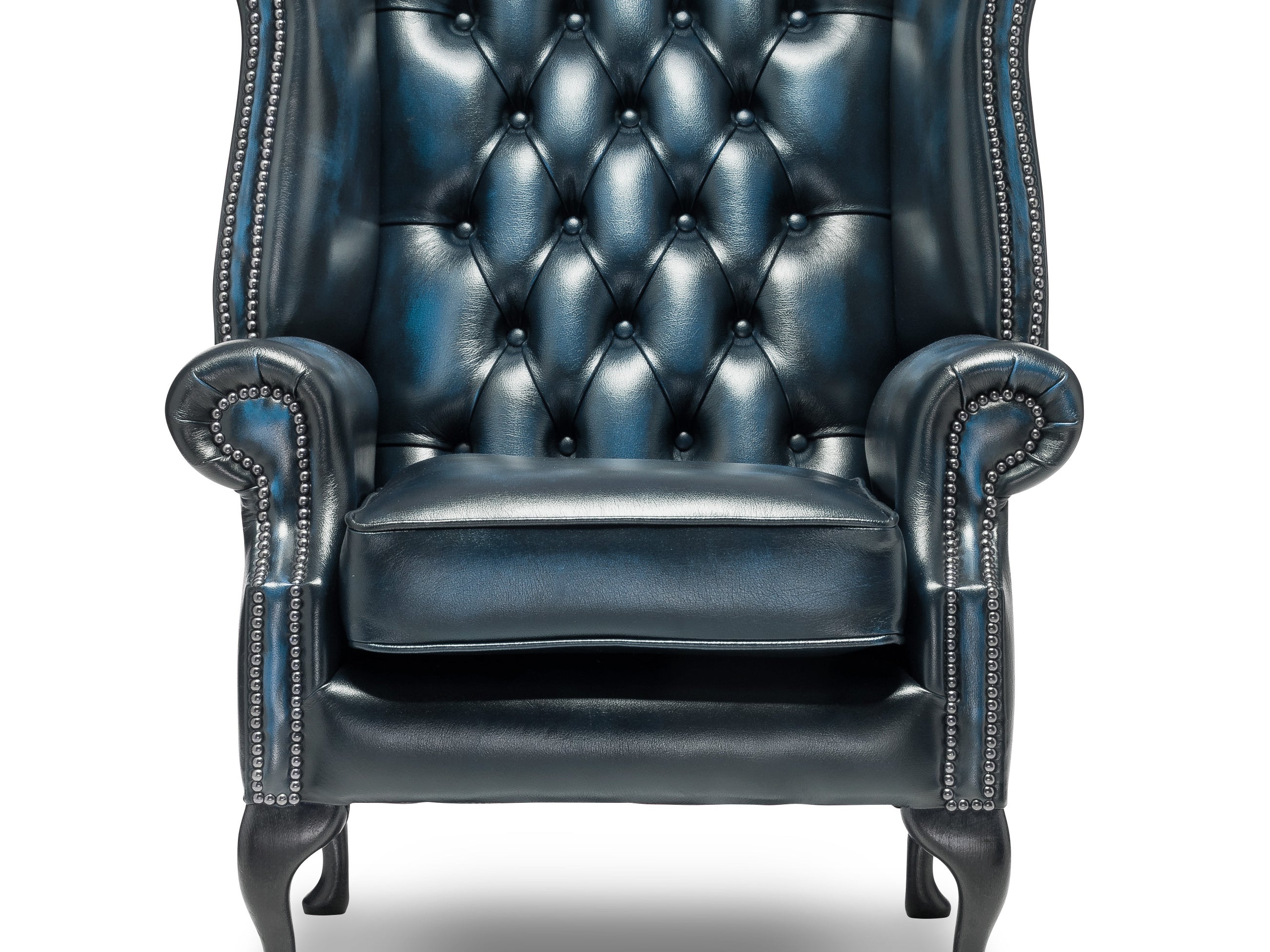 Queen Anne Chesterfield Armchair Antique Blue Leather