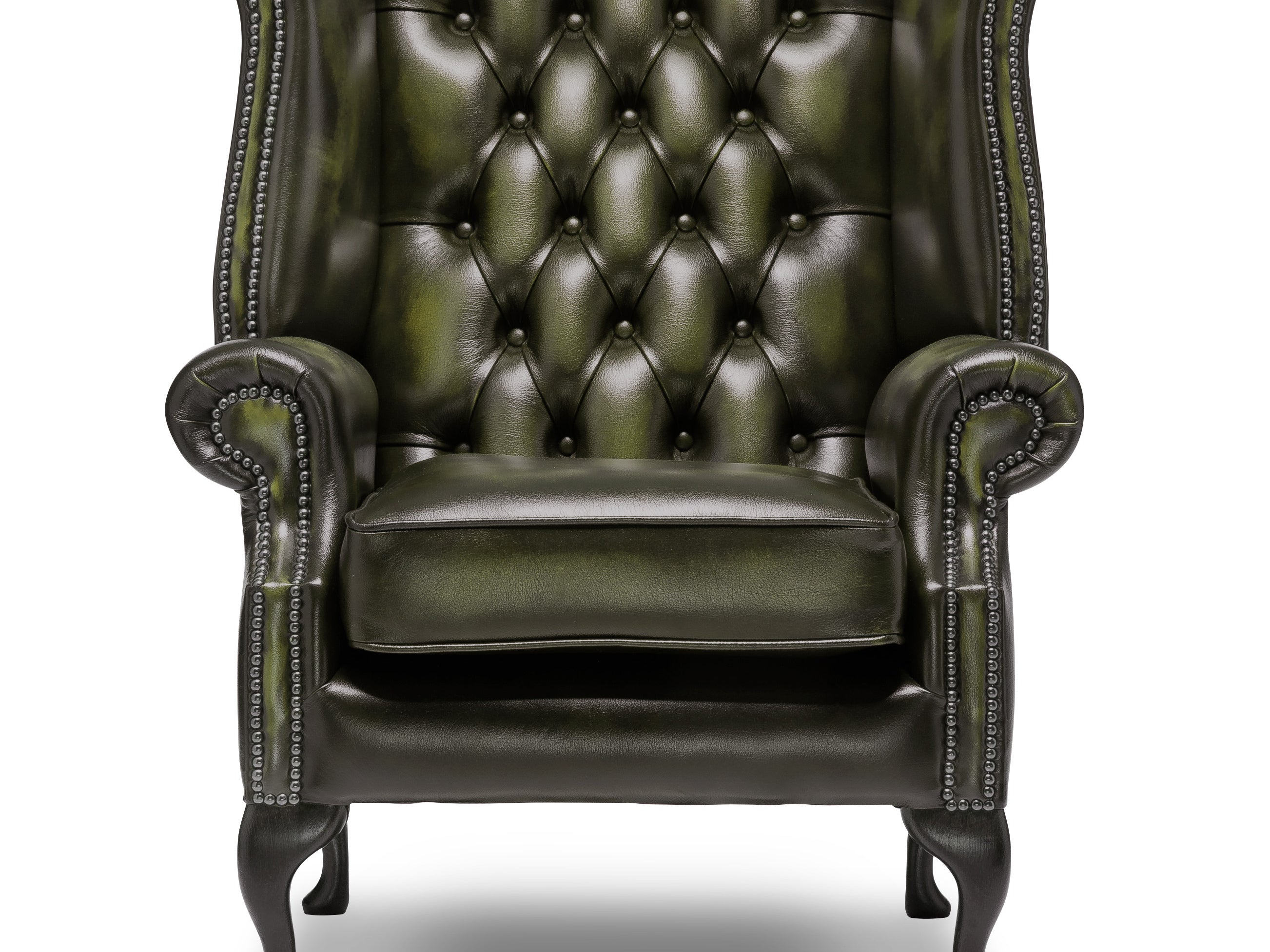 Queen Anne Chesterfield Armchair Antique Green Leather