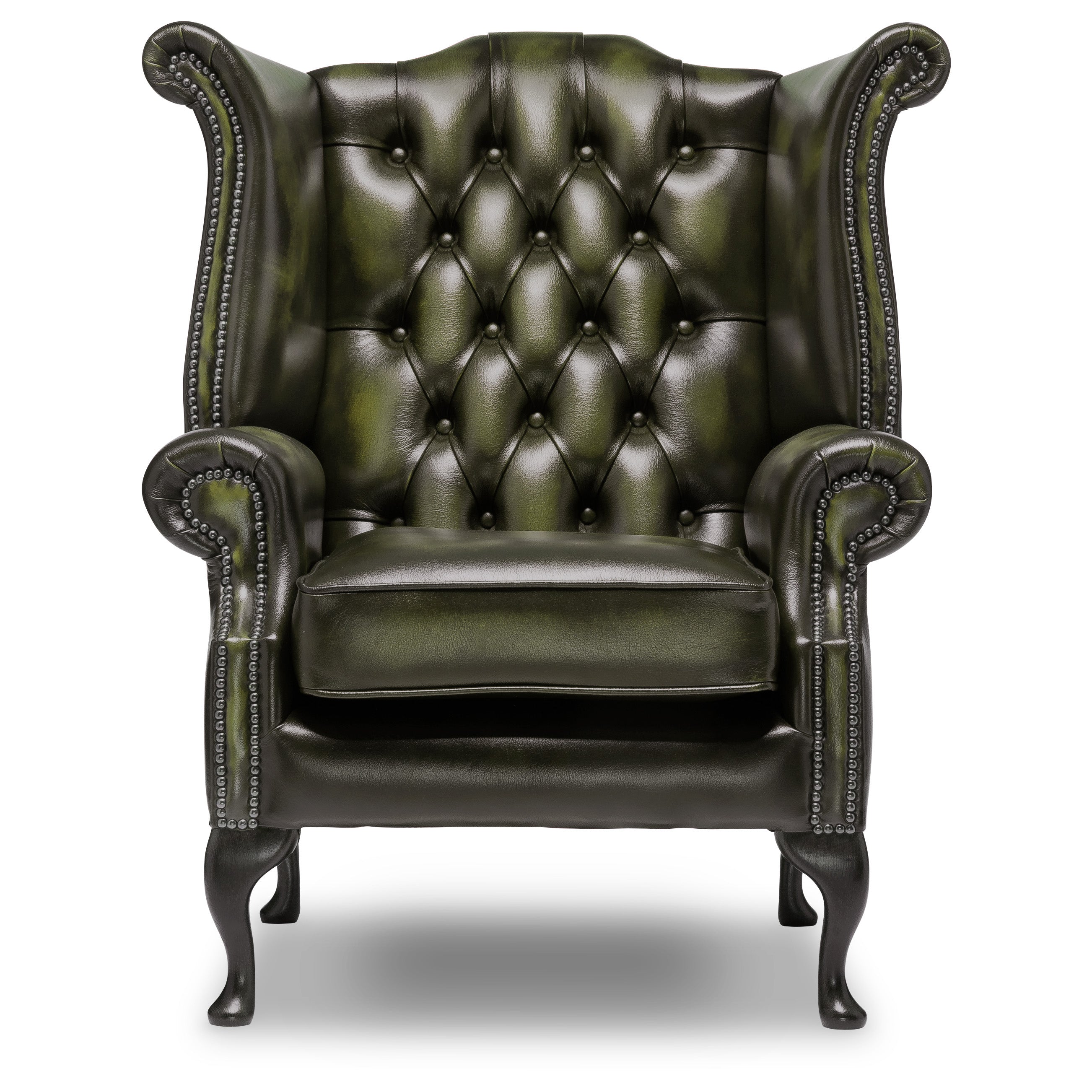 Queen Anne Chesterfield Armchair Antique Green Leather