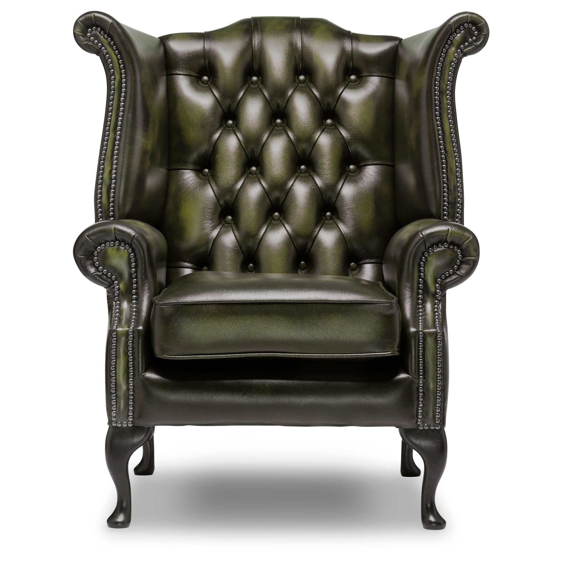 Queen Anne Chesterfield Armchair Antique Green Leather