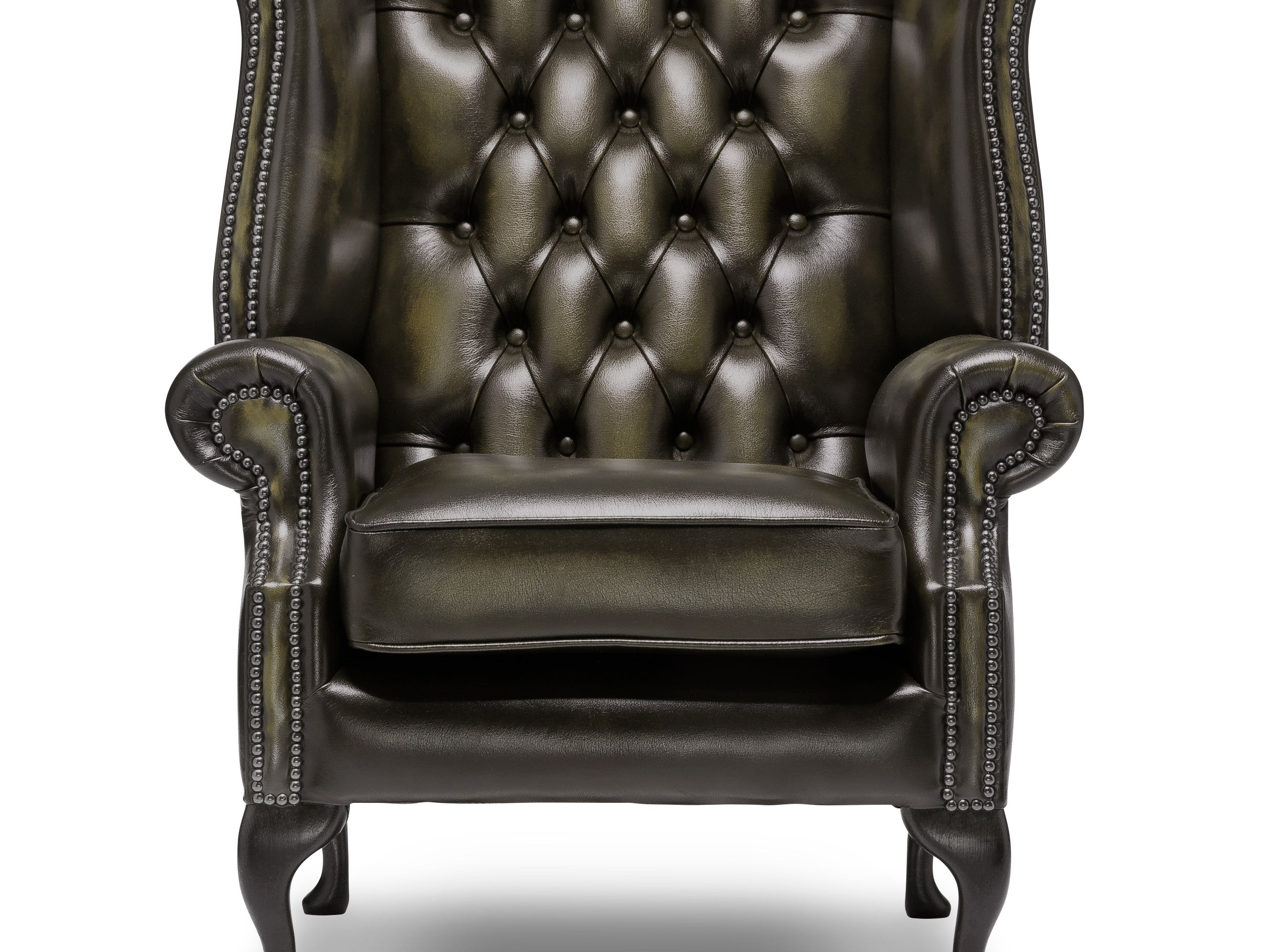 Queen Anne Chesterfield Armchair Antique Olive Leather