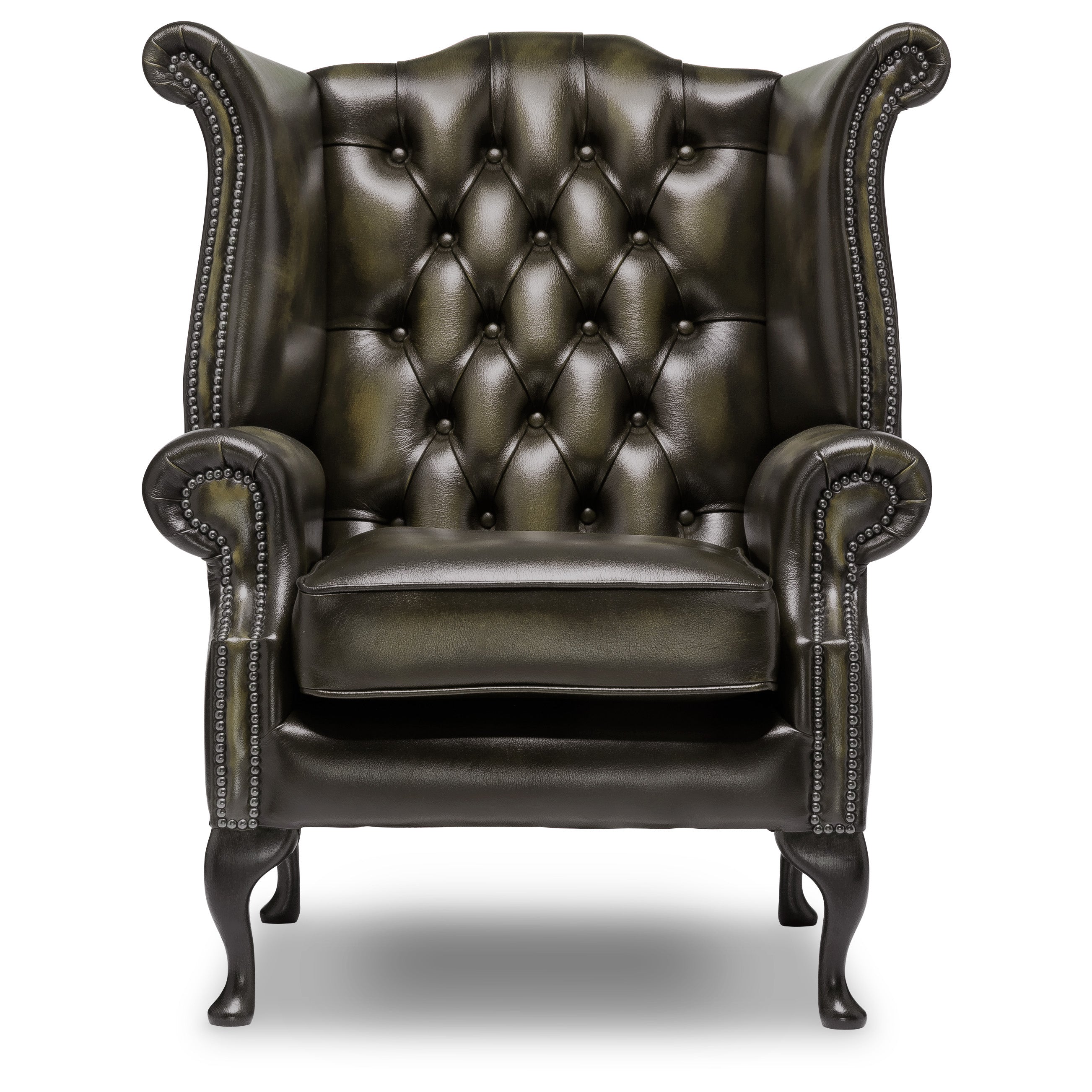 Queen Anne Chesterfield Armchair Antique Olive Leather