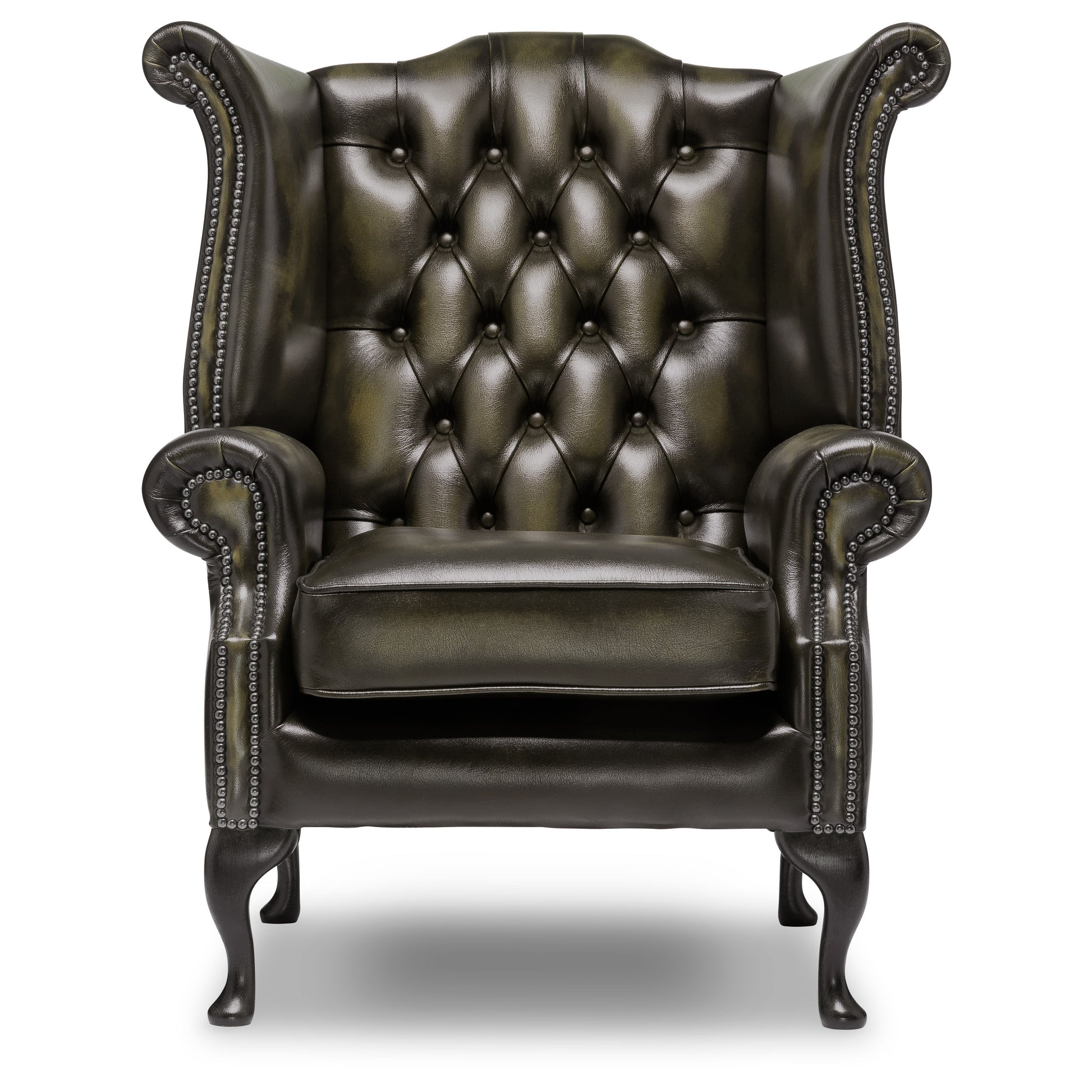 Queen Anne Chesterfield Armchair Antique Olive Leather