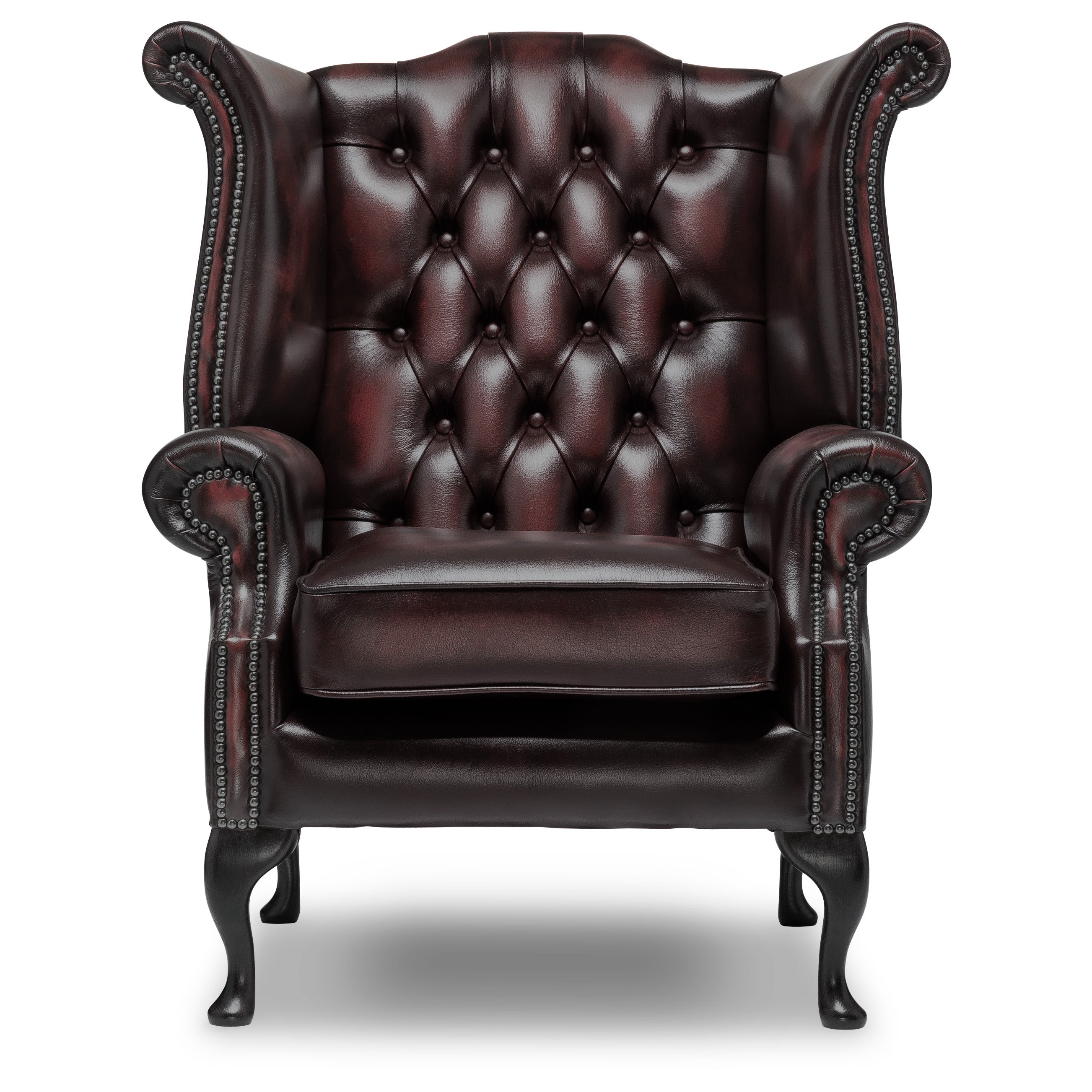 Queen Anne Chesterfield Armchair Antique Wine Leather