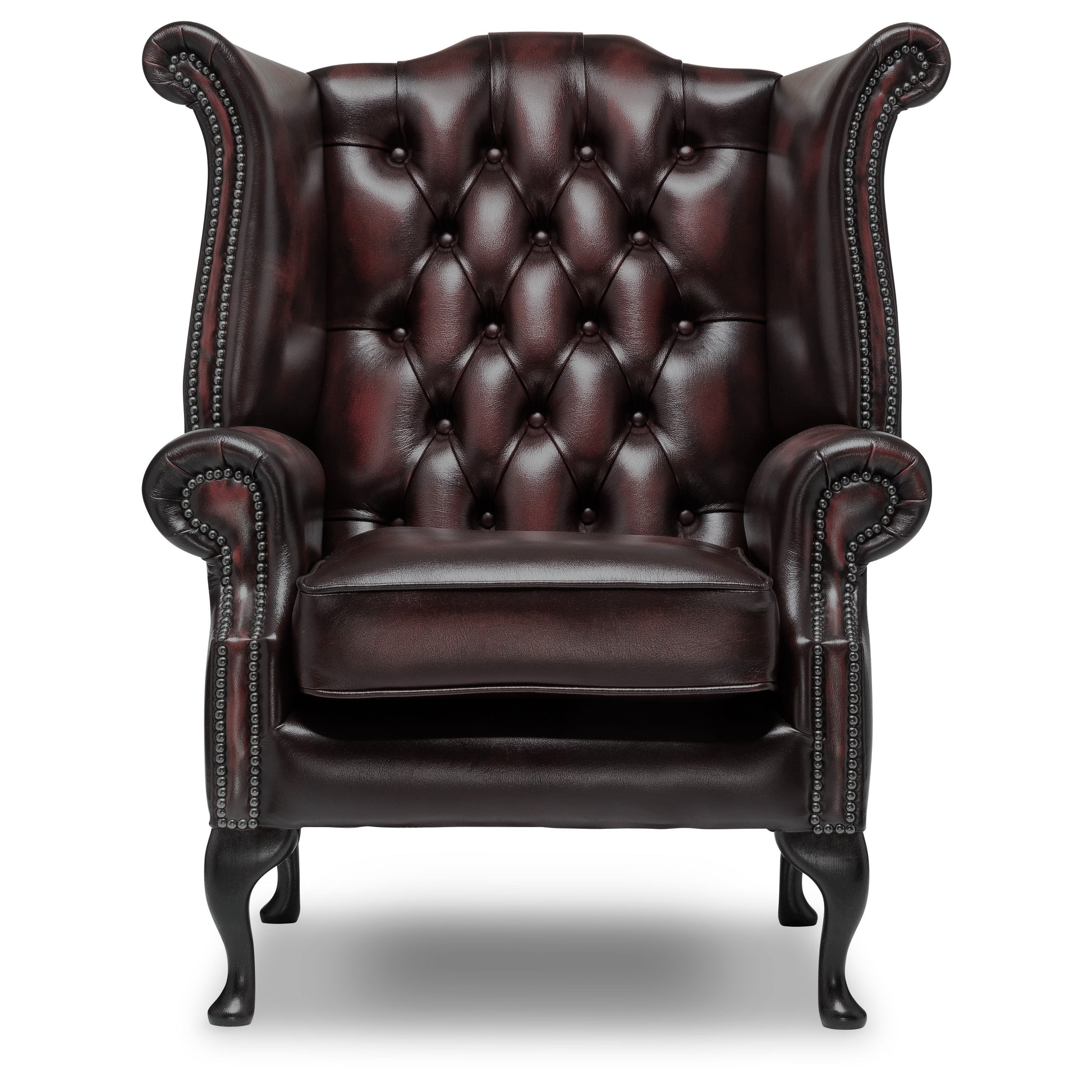 Queen Anne Chesterfield Armchair Antique Wine Leather