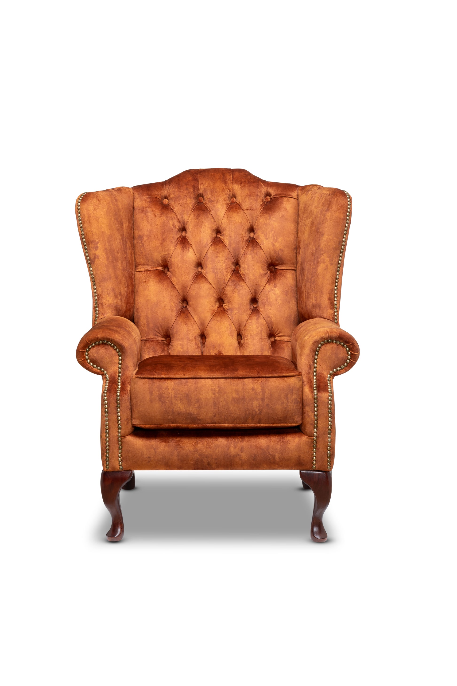 Queen Anne Chesterfield Armchair Zagros Rust Velvet