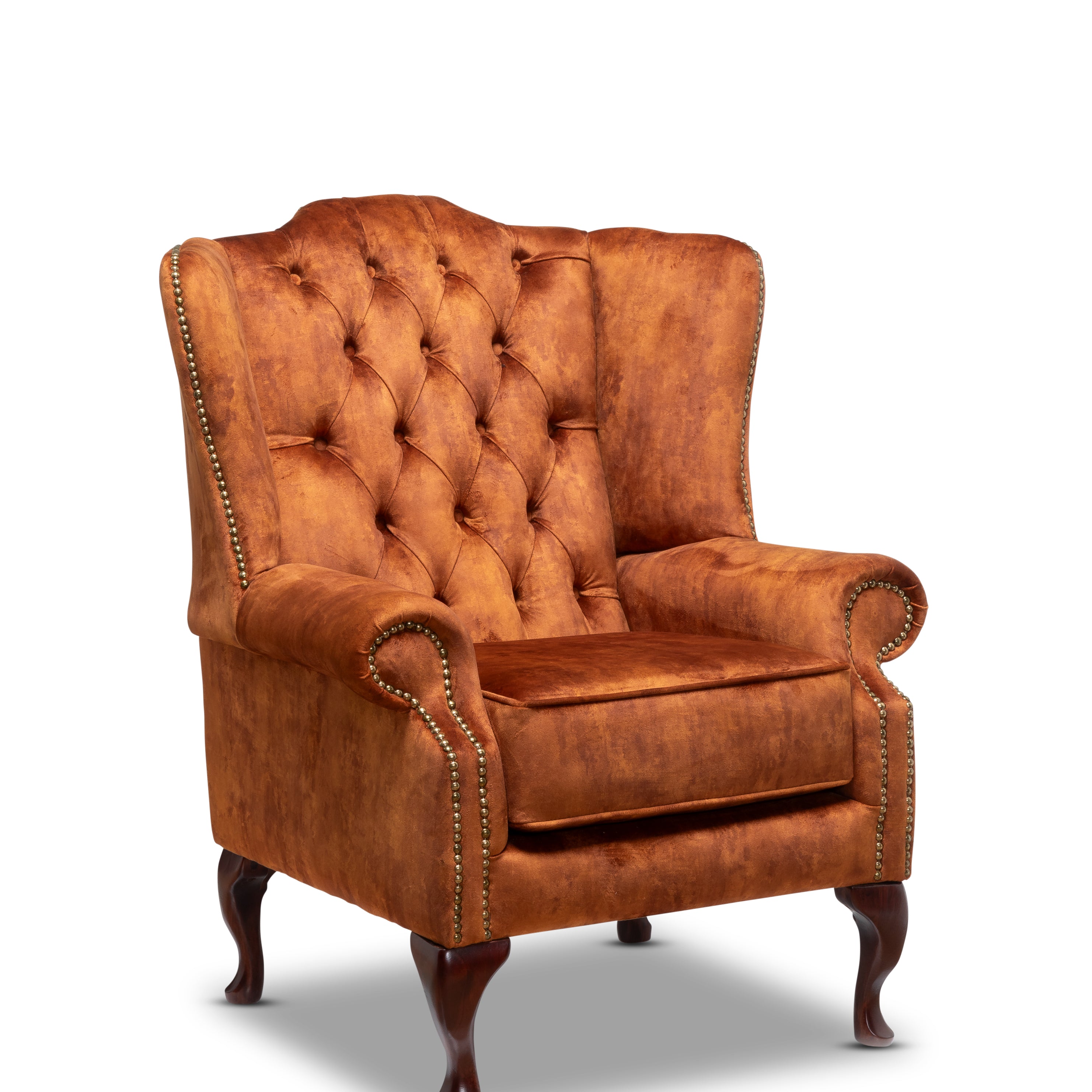 Queen Anne Chesterfield Armchair Zagros Rust Velvet