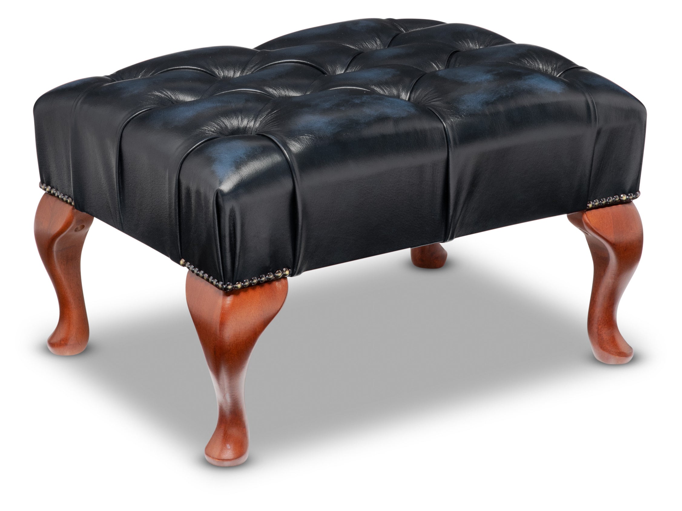 Queen Anne Chesterfield Footstool Antique Blue Leather