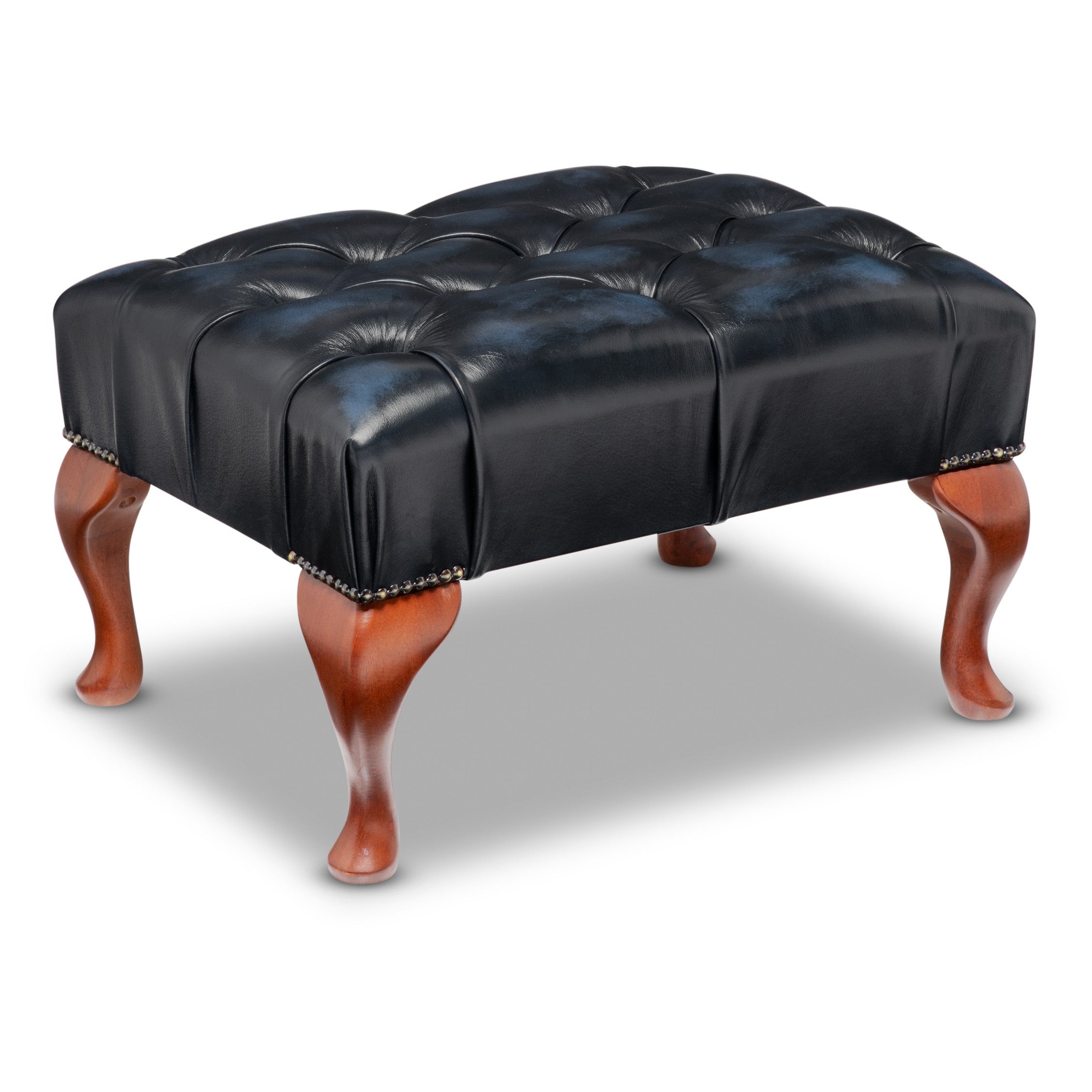 Queen Anne Chesterfield Footstool Antique Blue Leather
