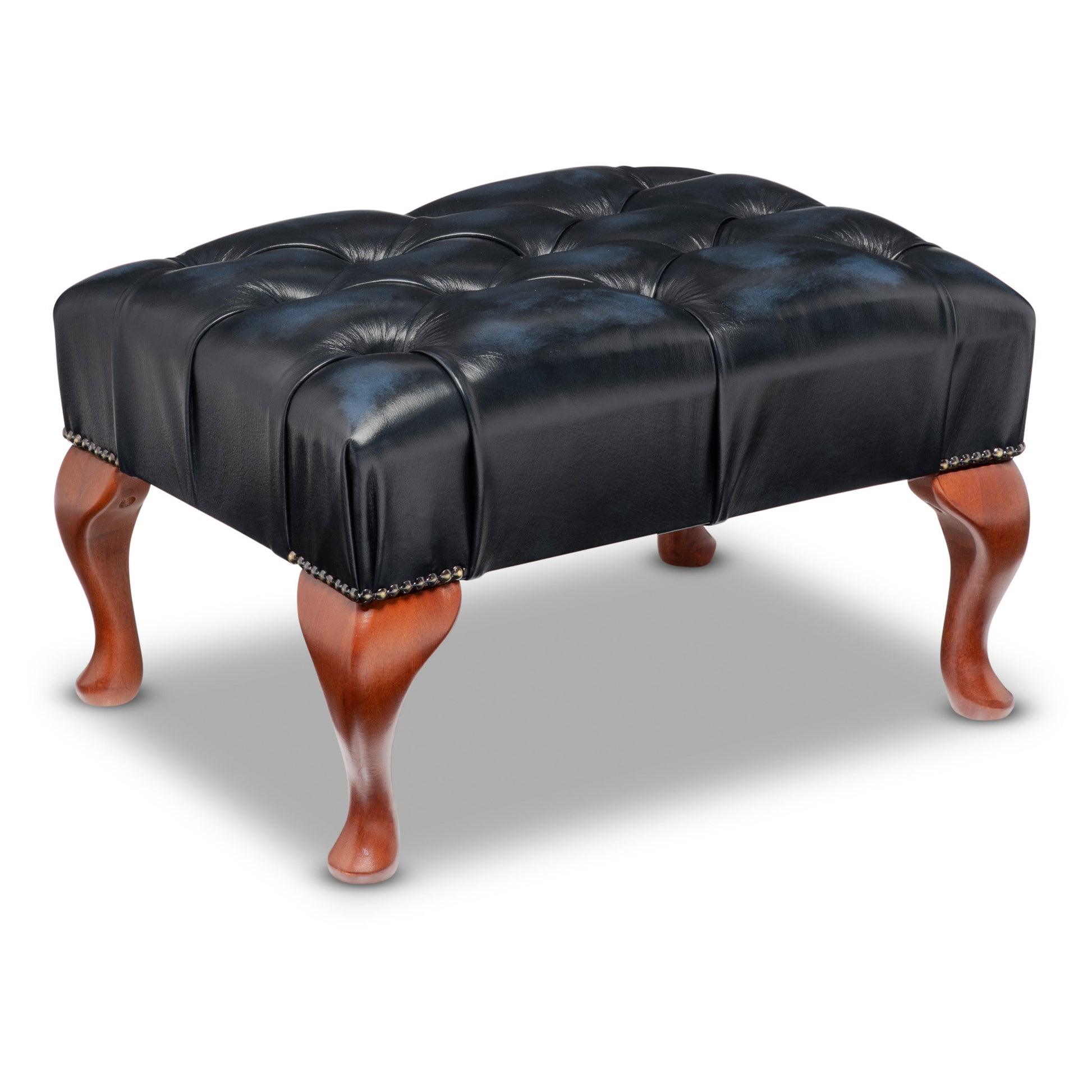 Queen Anne Chesterfield Footstool Antique Blue Leather