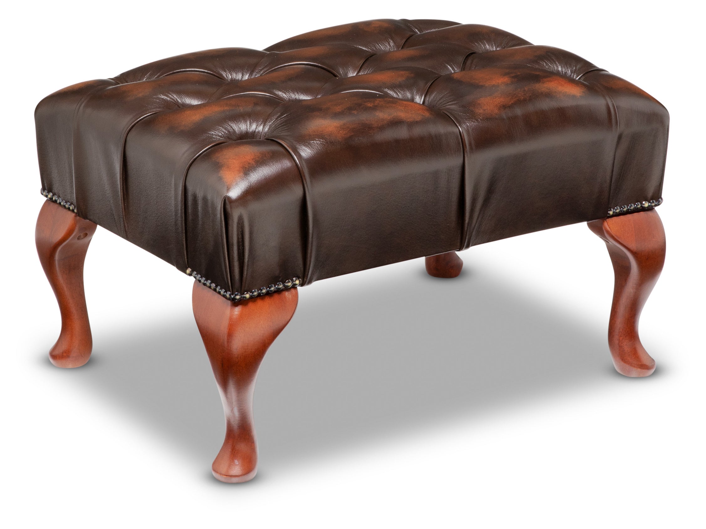 Queen Anne Chesterfield Footstool Antique Brown Leather