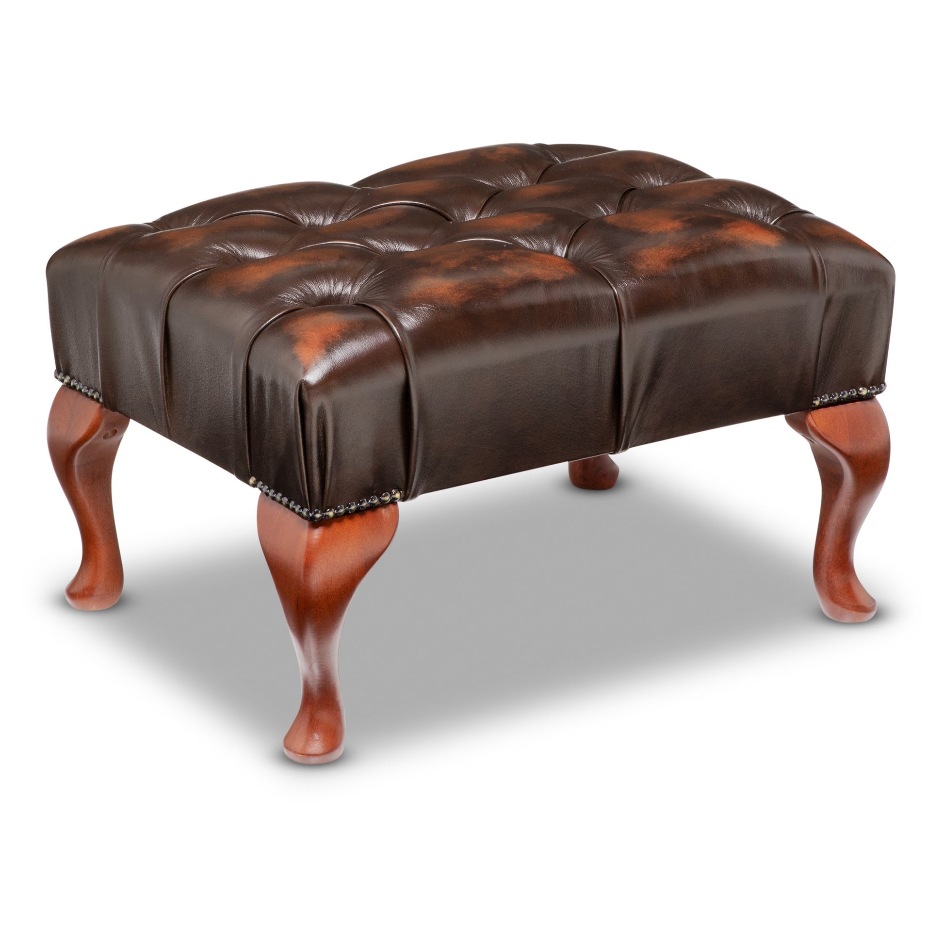 Queen Anne Chesterfield Footstool Antique Brown Leather