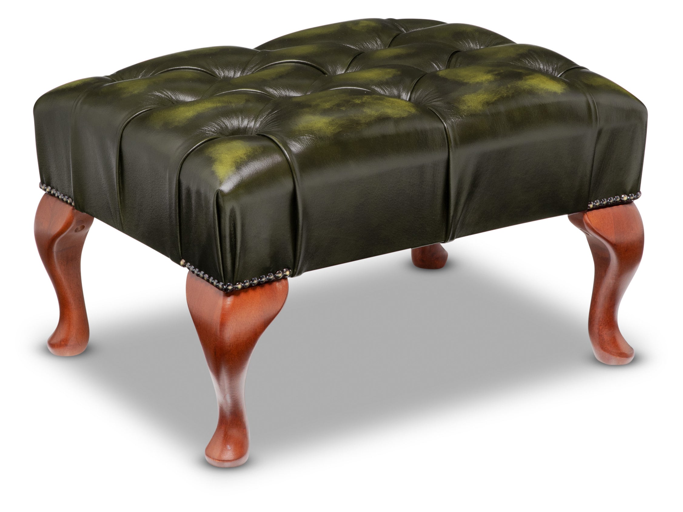 Queen Anne Chesterfield Footstool Antique Green Leather