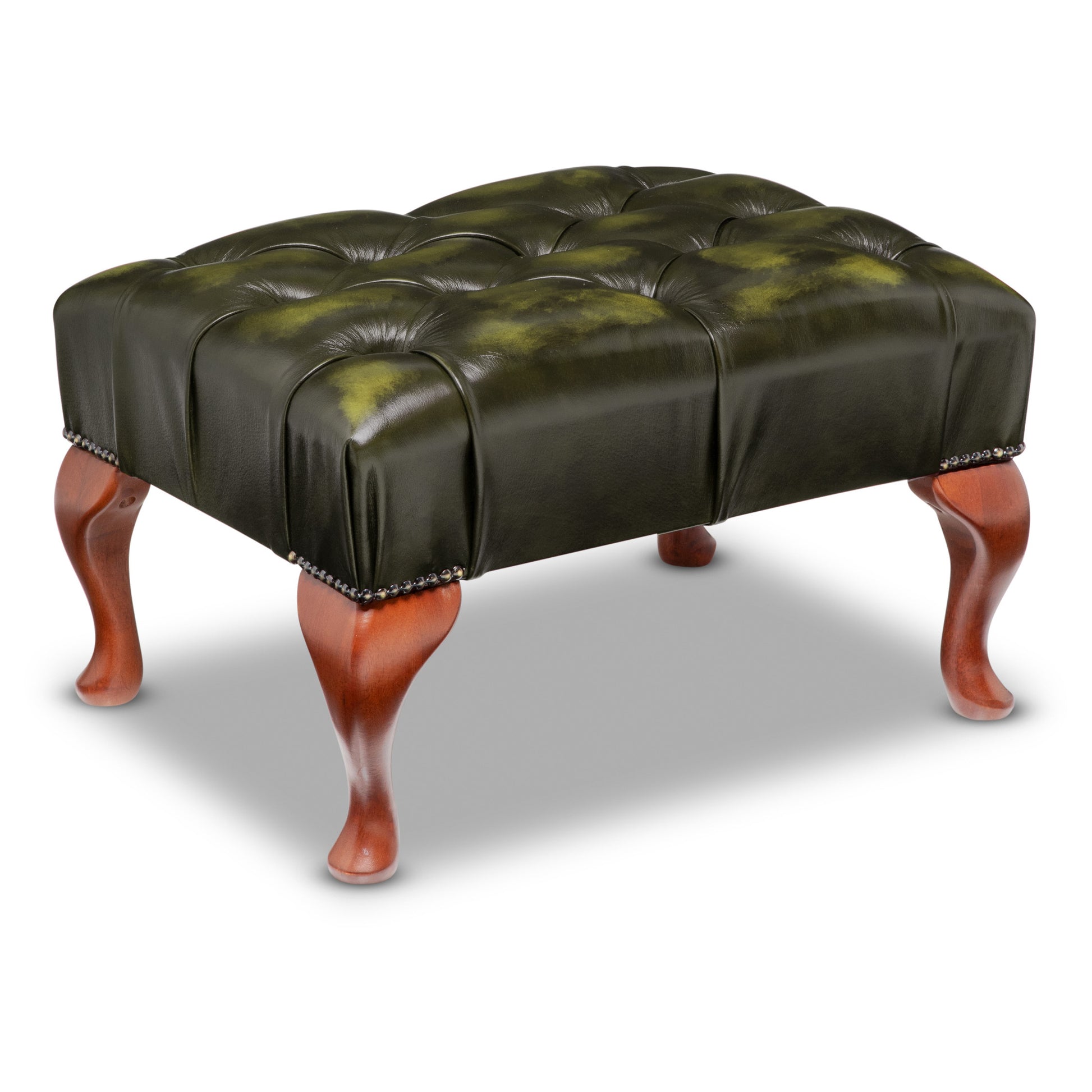 Queen Anne Chesterfield Footstool Antique Green Leather
