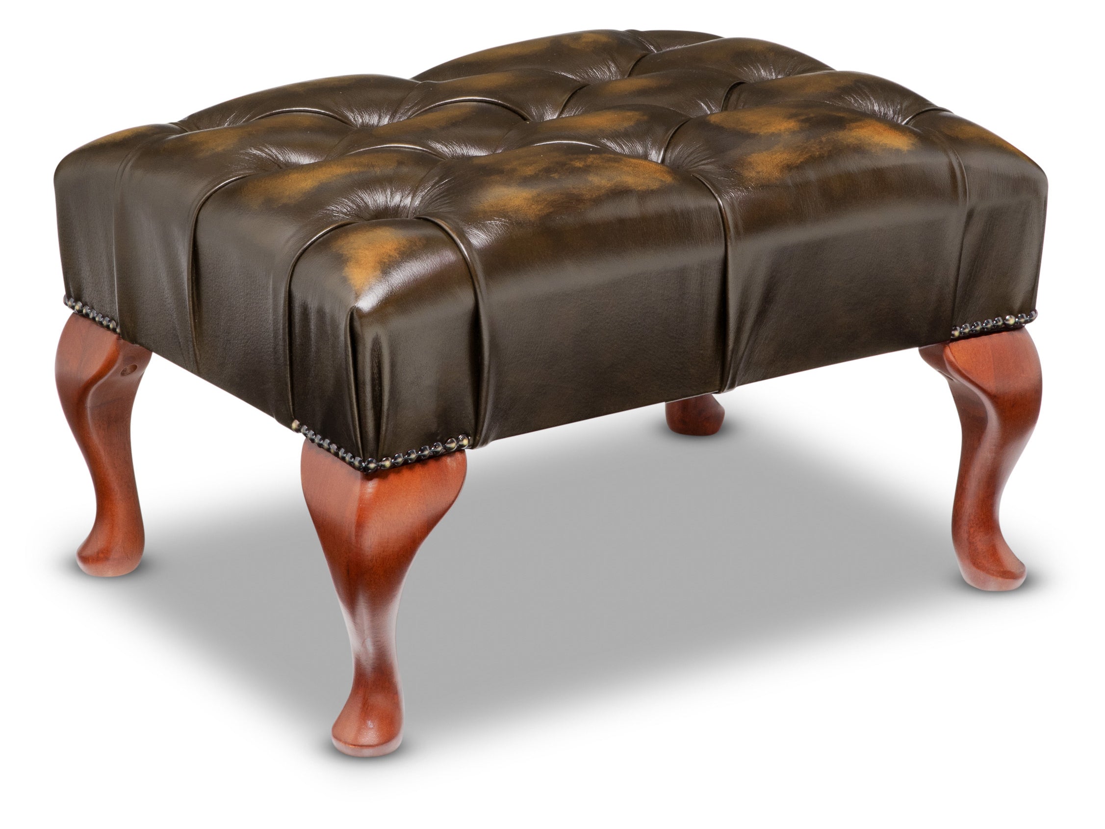 Queen Anne Chesterfield Footstool Antique Harvest Gold Leather