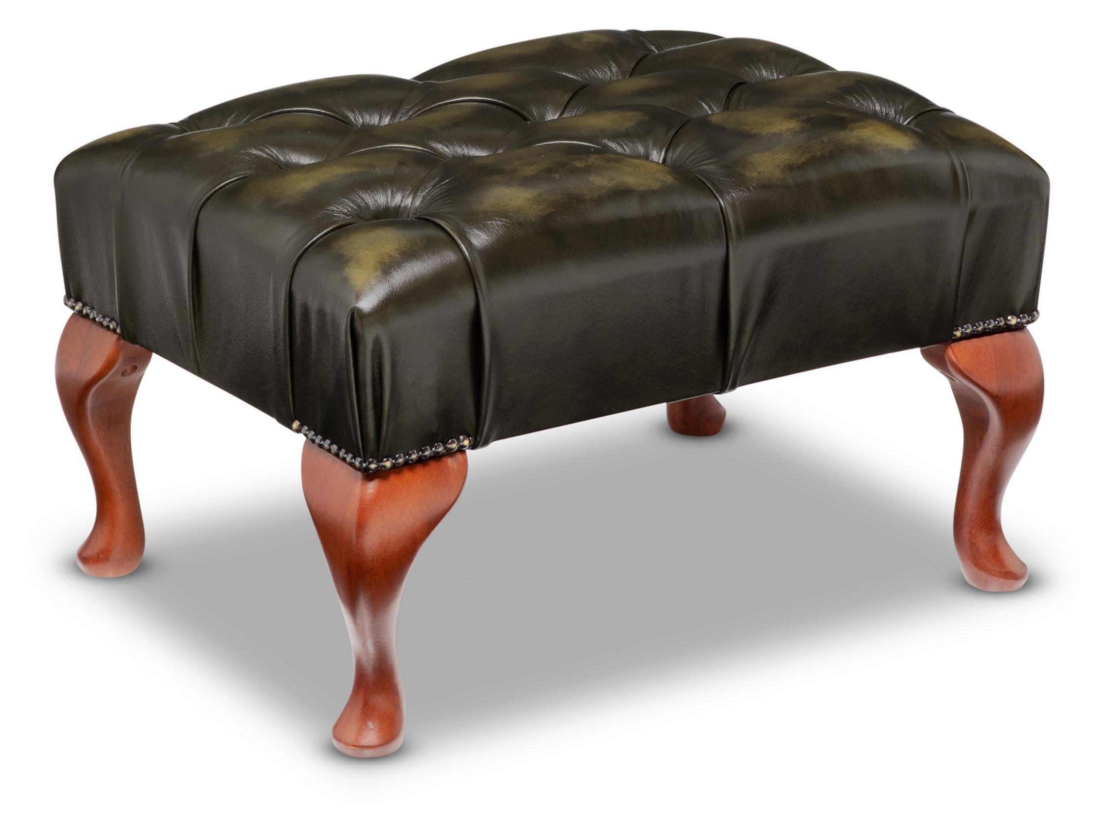 Queen Anne Chesterfield Footstool Antique Olive Leather