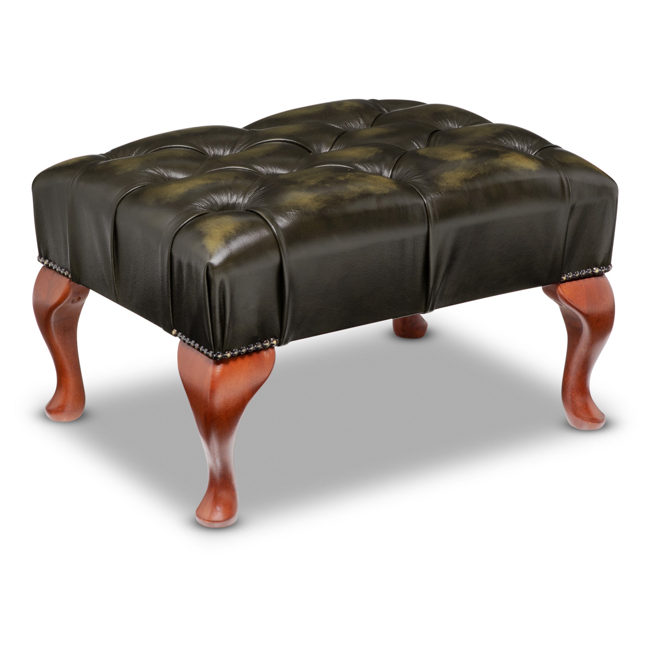 Queen Anne Chesterfield Footstool Antique Olive Leather