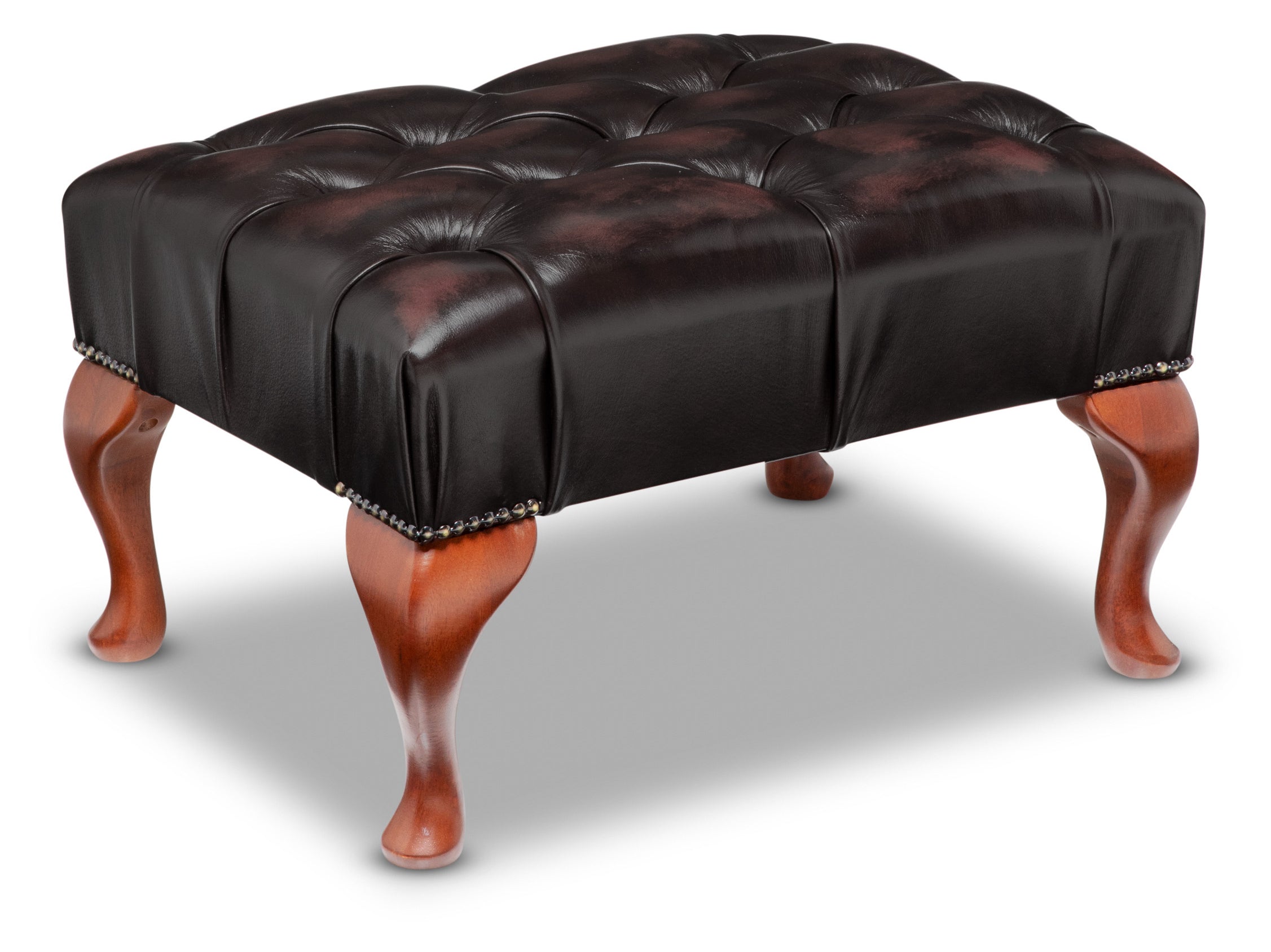 Queen Anne Chesterfield Footstool Antique Wine Leather