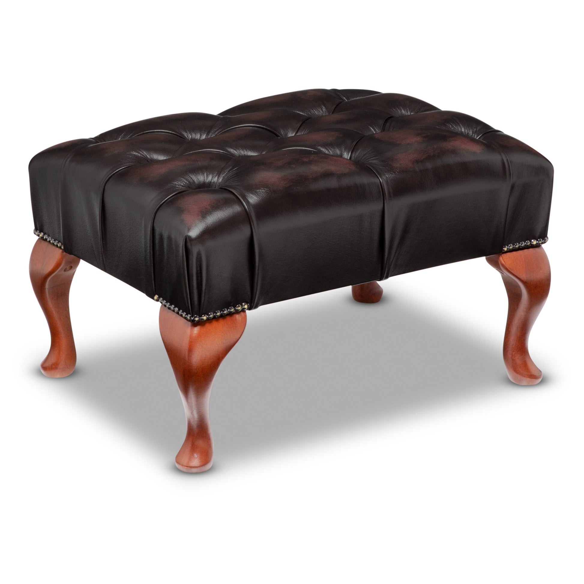 Queen Anne Chesterfield Footstool Antique Wine Leather